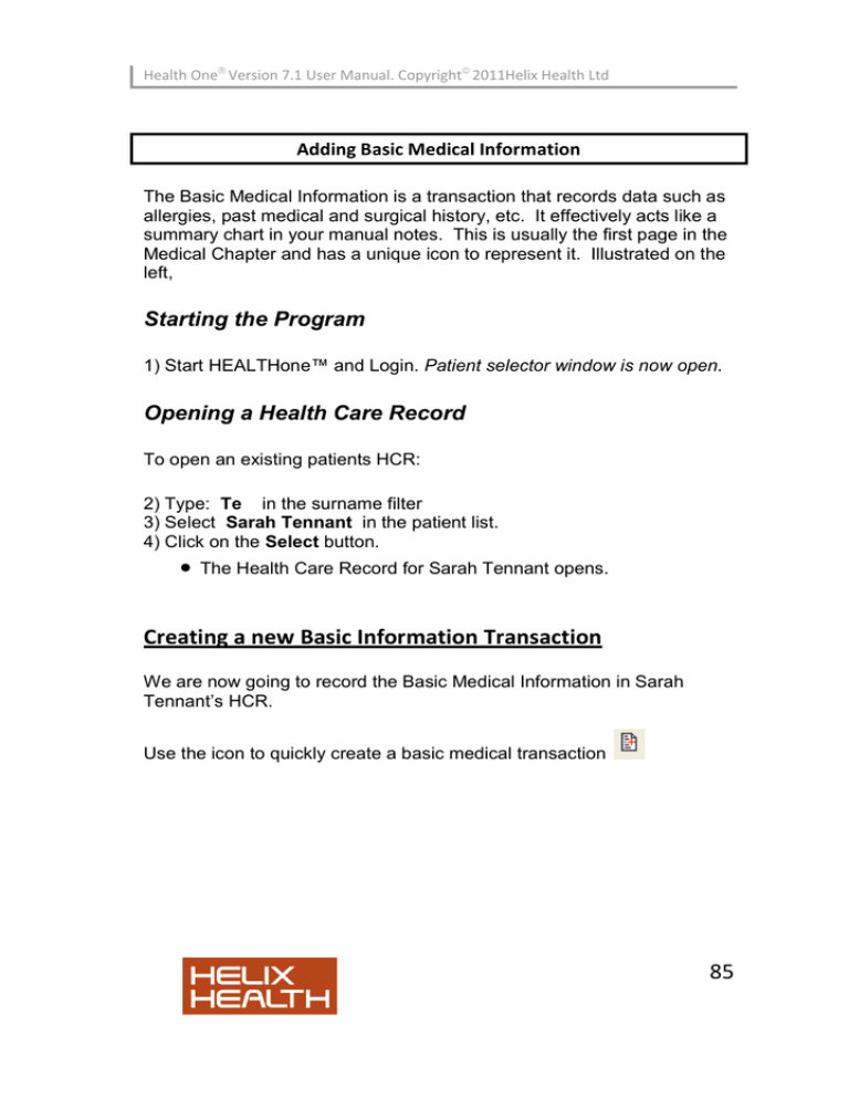 Adding Basic Medical Information 7 0 Adding Basic Medical Information 7 0