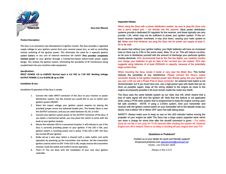 Zeus User Manual Product Description: The Zeus is an innovative Zeus User Manual Product Description: The Zeus is an innovative