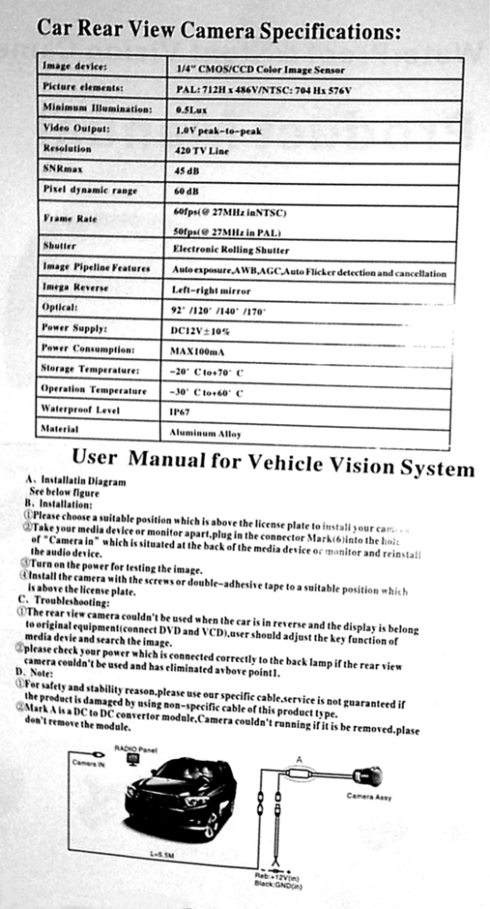 Page 1 Cer Rear Viewr Camera Specifications: l- l Page 1 Cer Rear Viewr Camera Specifications: l- l