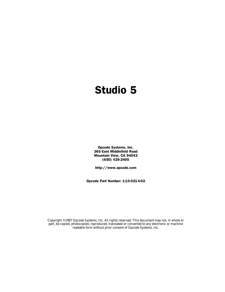 Opcode Studio 5 MIDI Interface User Manual from Opcode Studio 5 MIDI Interface User Manual from