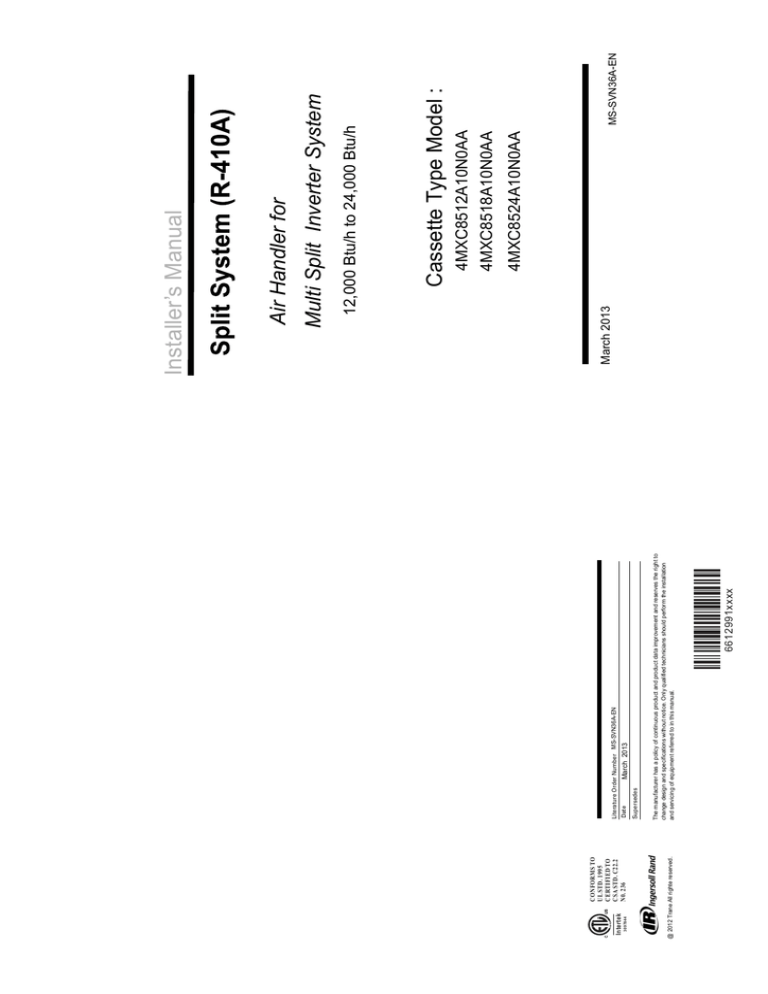 Installer`s Manual Split System (R-410A) Air Handler for Multi Installer`s Manual Split System (R-410A) Air Handler for Multi