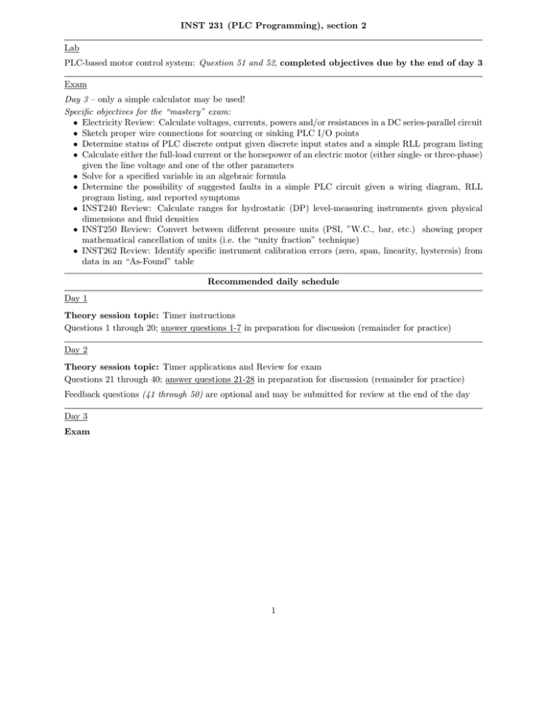 INST 231 (PLC Programming), section 2 Lab PLC-based INST 231 (PLC Programming), section 2 Lab PLC-based