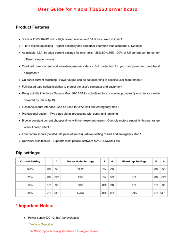 User Guide for 4 axis TB6560 driver board * Important Notes: User Guide for 4 axis TB6560 driver board * Important Notes: