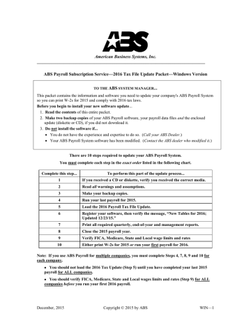 2016 Windows Payroll Update Instructions 2016 Windows Payroll Update Instructions