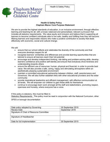 Health and Safety - Clapham Manor Primary School Health and Safety - Clapham Manor Primary School