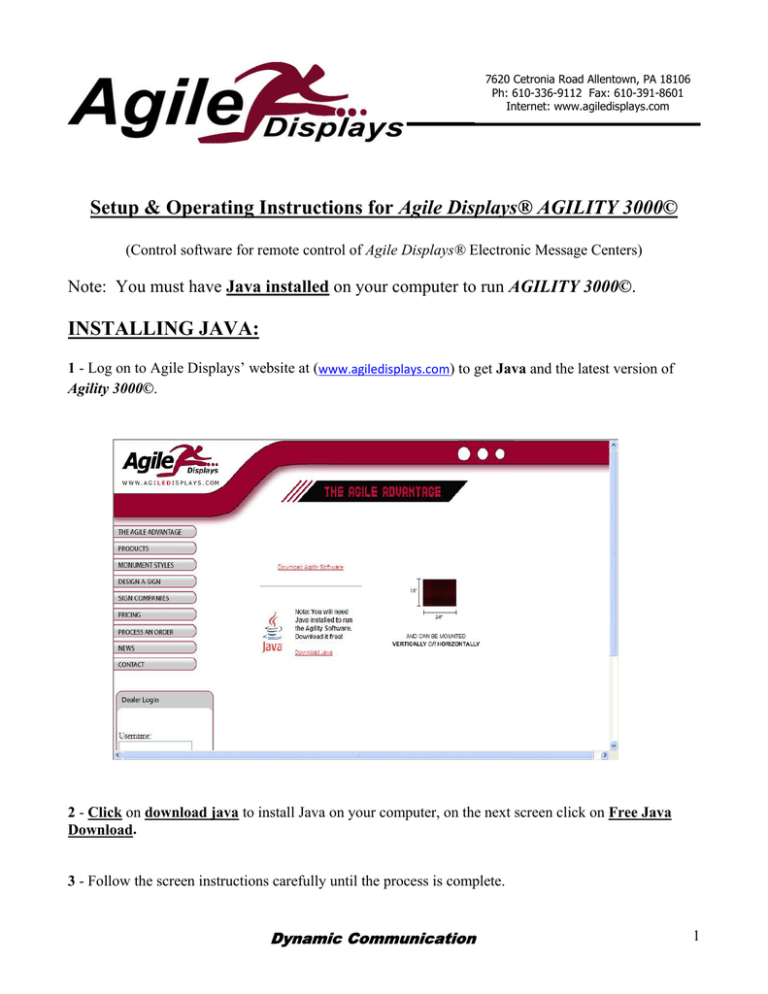 Setup & Operating Instructions for Agile Displays® AGILITY 3000 Setup & Operating Instructions for Agile Displays® AGILITY 3000