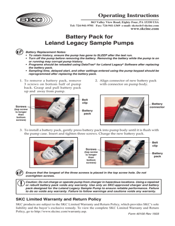 Battery Pack for Leland Legacy Sample Pumps Operating Instructions Battery Pack for Leland Legacy Sample Pumps Operating Instructions