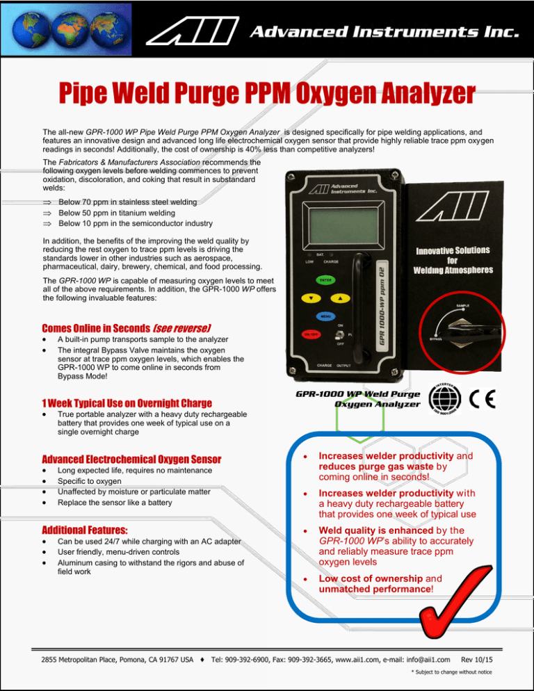 GPR-1000WP Pipe Weld Purge PPM Oxygen Analyzer GPR-1000WP Pipe Weld Purge PPM Oxygen Analyzer