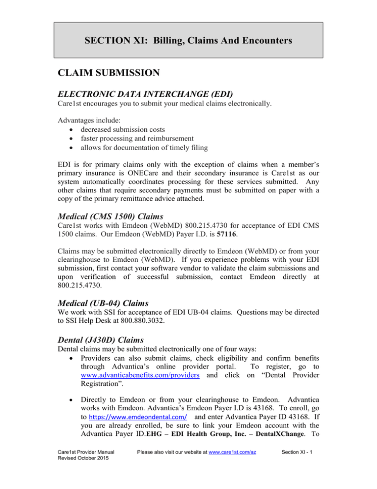 SECTION XI: Billing, Claims And Encounters SECTION XI: Billing, Claims And Encounters