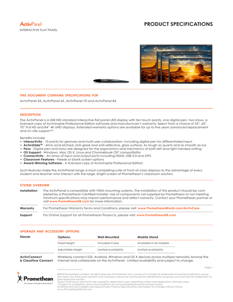 PRODUCT SPECIFICATIONS ActivPanel PRODUCT SPECIFICATIONS ActivPanel
