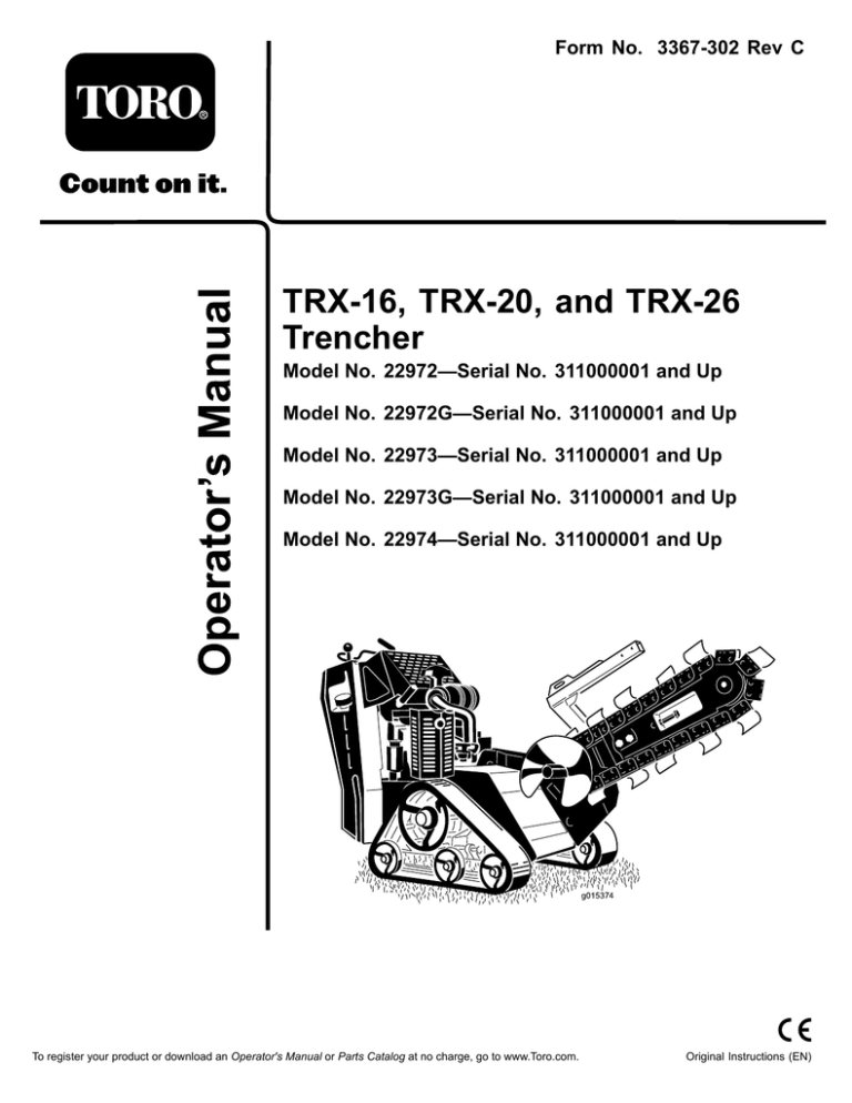 Toro TRX-16 Trencher, TRX-20 Trencher, TRX-26 Trencher User manual Toro TRX-16 Trencher, TRX-20 Trencher, TRX-26 Trencher User manual