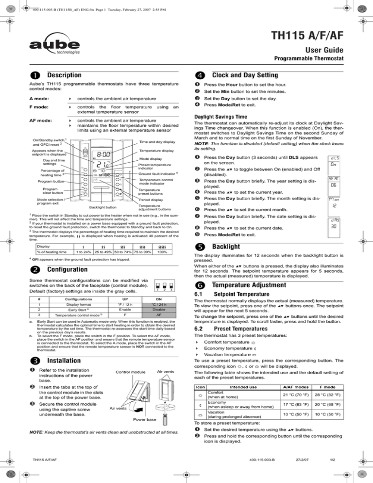 Aube Technologies TH115 AF, TH115, TH115 A/F/AF, TH115 F, TH115 A, TH115-A-240D-B User manual Aube Technologies TH115 AF, TH115, TH115 A/F/AF, TH115 F, TH115 A, TH115-A-240D-B User manual