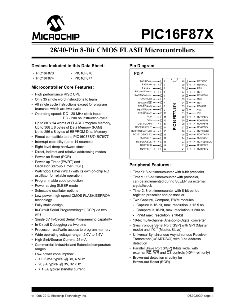 PIC16F87X Devices Included in this Data Sheet: Pin Diagram Microcontroller Core Features: PIC16F87X Devices Included in this Data Sheet: Pin Diagram Microcontroller Core Features:
