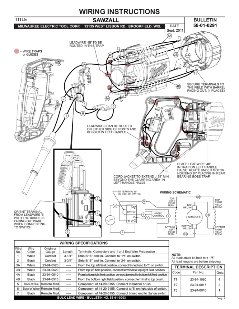 WIRING INSTRUCTIONS SAWZALL 58-01-0291 BULLETIN WIRING INSTRUCTIONS SAWZALL 58-01-0291 BULLETIN