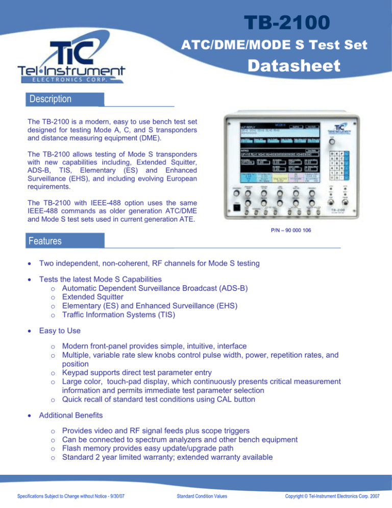 TB-2100 Datasheet ATC/DME/MODE S Test Set TB-2100 Datasheet ATC/DME/MODE S Test Set