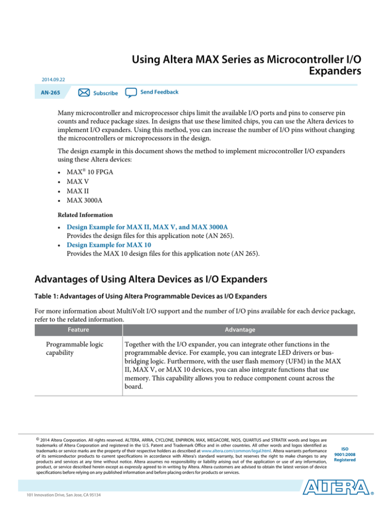 AN 265: Using Altera MAX Series as Microcontroller I/O Expanders AN 265: Using Altera MAX Series as Microcontroller I/O Expanders