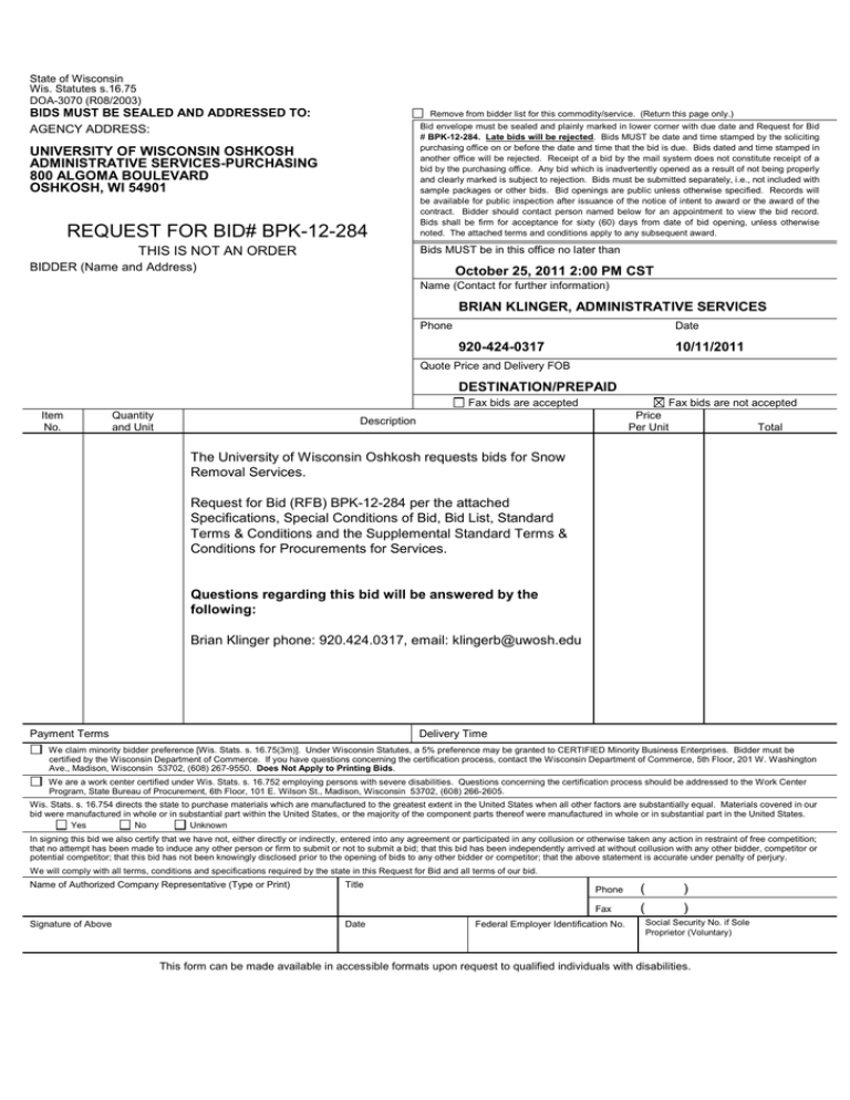 BPK-12-284-SNOW REMOVAL SERVICES FOR UW BPK-12-284-SNOW REMOVAL SERVICES FOR UW