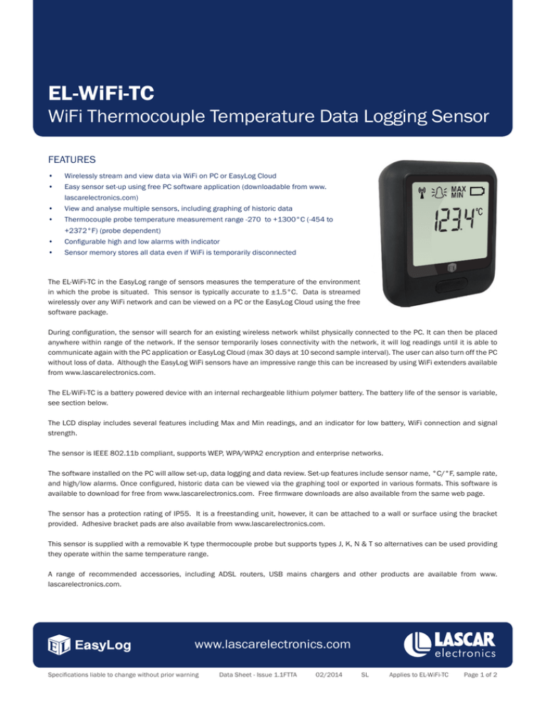 EL-WiFi-TC WiFi Thermocouple Temperature Data Logging Sensor EL-WiFi-TC WiFi Thermocouple Temperature Data Logging Sensor