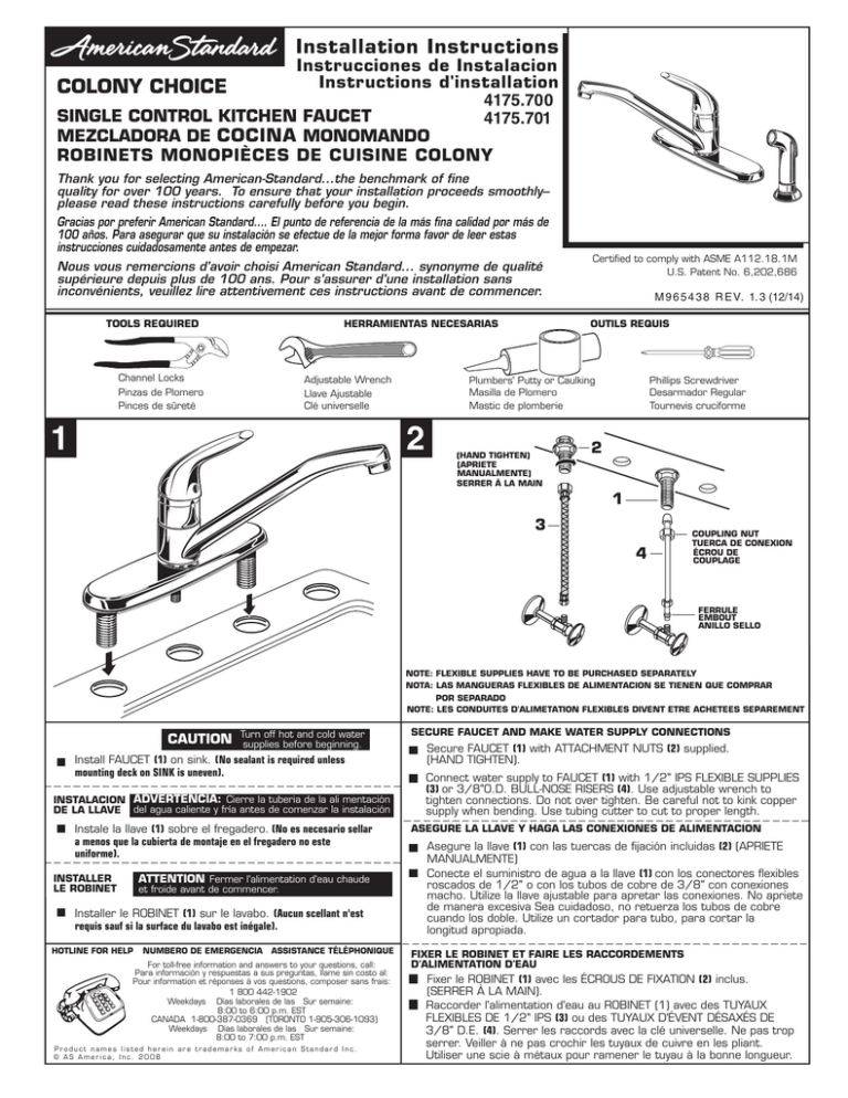 American Standard 4175701F15.002, 4175700F15.075, 4175700F15.002 Installation guide American Standard 4175701F15.002, 4175700F15.075, 4175700F15.002 Installation guide