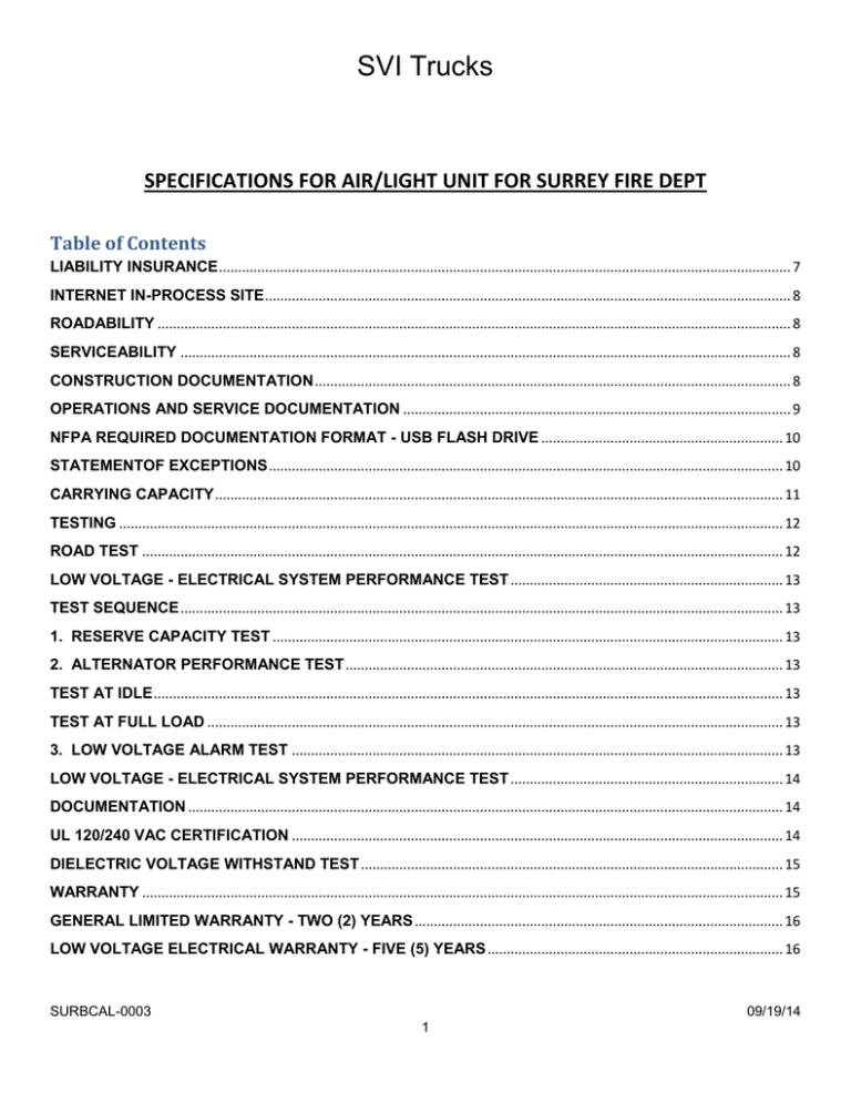 SVI Trucks SPECIFICATIONS FOR AIR/LIGHT UNIT FOR SURREY FIRE DEPT SVI Trucks SPECIFICATIONS FOR AIR/LIGHT UNIT FOR SURREY FIRE DEPT