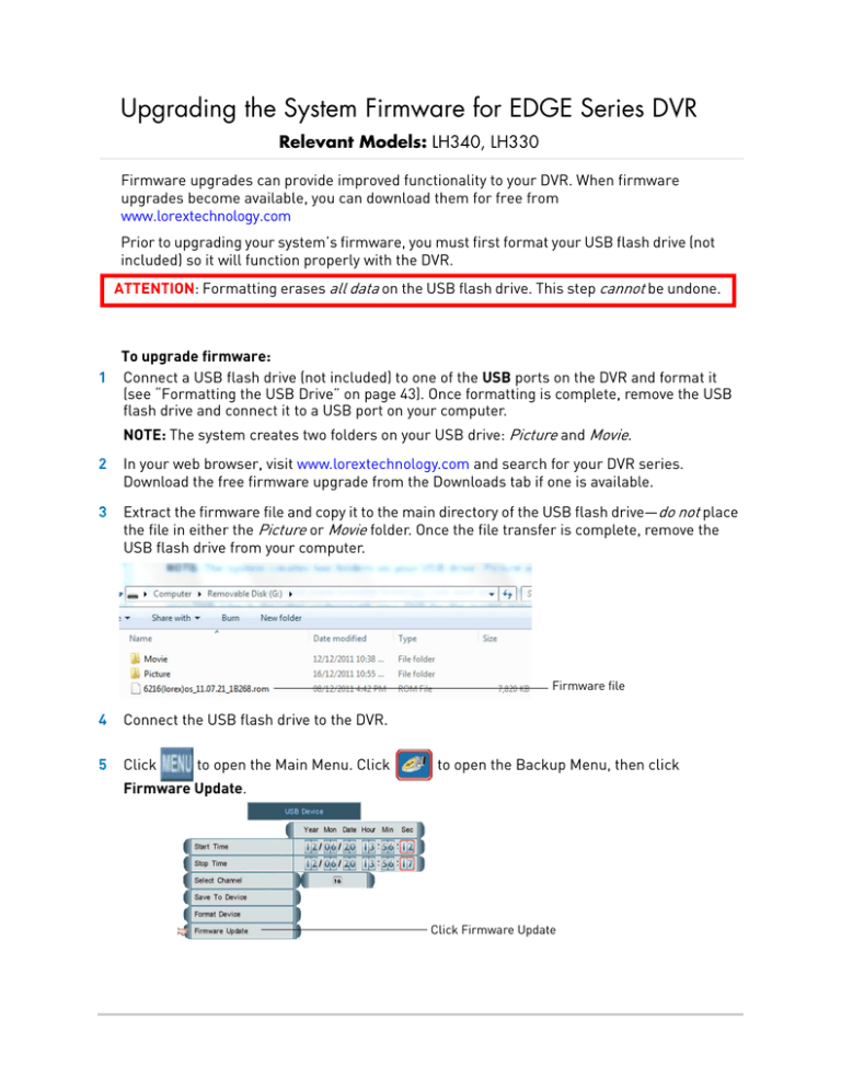 Firmware Instructions - LH330 / LH340 Series Security DVR Firmware Instructions - LH330 / LH340 Series Security DVR
