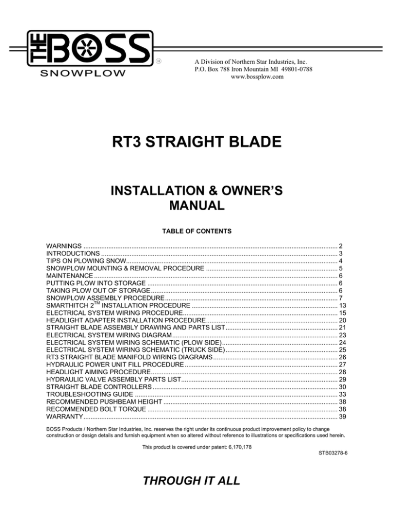 RT3 Straight Blade w/ SmartHitch 2 Owner\'s and Installation Manual RT3 Straight Blade w/ SmartHitch 2 Owner\'s and Installation Manual