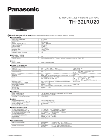 Panasonic TH-32LRU20 Product Sheet Panasonic TH-32LRU20 Product Sheet