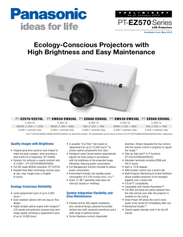 Panasonic PT-EW630U Spec Sheet Panasonic PT-EW630U Spec Sheet
