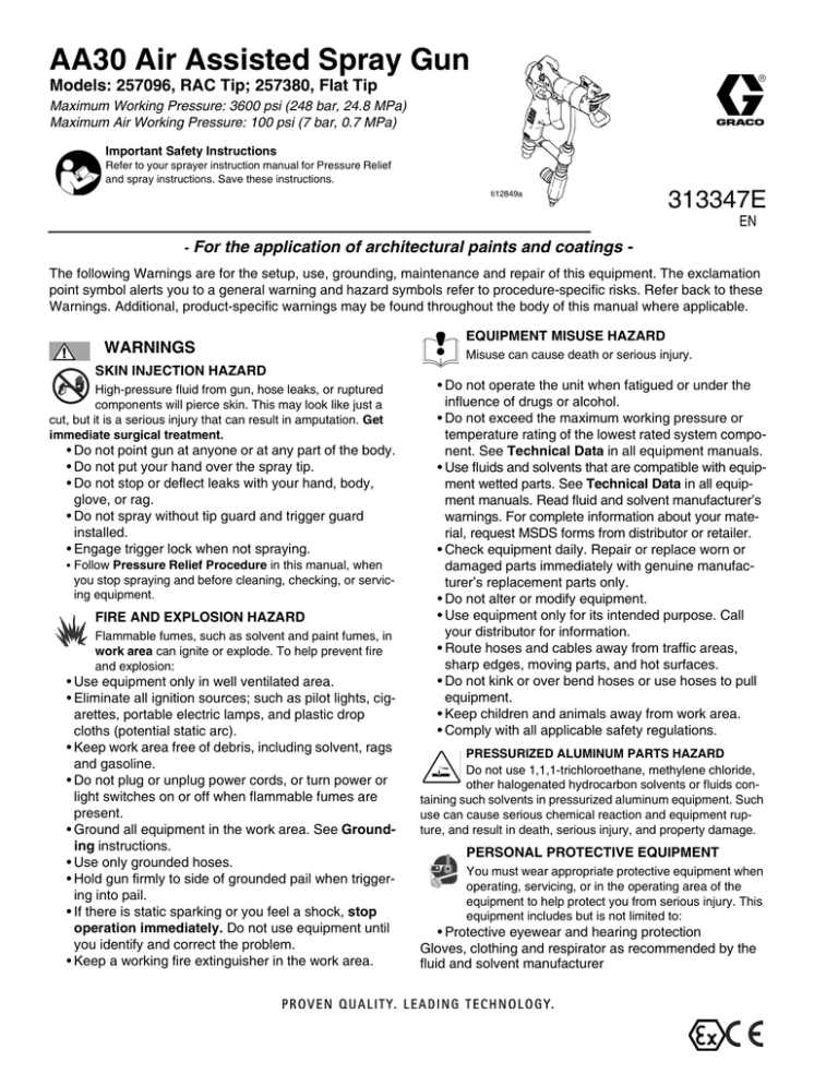 313347E - AA30 Air Assisted Spray Gun, Operation/Repair, English 313347E - AA30 Air Assisted Spray Gun, Operation/Repair, English