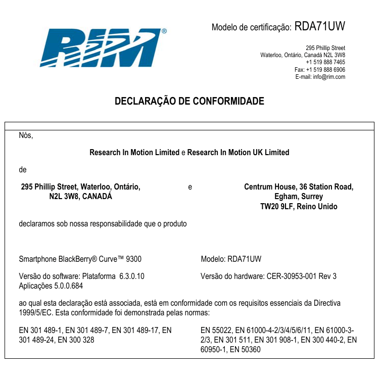 RDA71UW Modelo de certificação: RDA71UW Modelo de certificação: