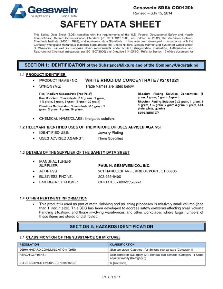 CO0120k Rhodium Plating Solutions SDS CO0120k Rhodium Plating Solutions SDS