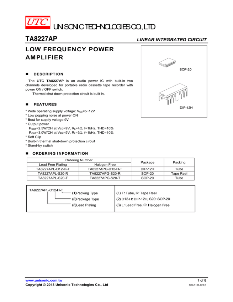datasheet for TA8227APG-D12-H-T by Unisonic Technologies Company Limited datasheet for TA8227APG-D12-H-T by Unisonic Technologies Company Limited