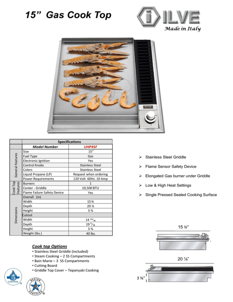 15” Gas Cook Top Specifications Model Number UHP45F 15” Gas Cook Top Specifications Model Number UHP45F