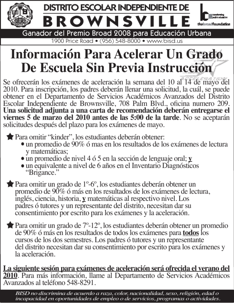 B R O W N S V I L L... Información Para Acelerar Un Grado De Escuela Sin Previa Instrucción B R O W N S V I L L... Información Para Acelerar Un Grado De Escuela Sin Previa Instrucción