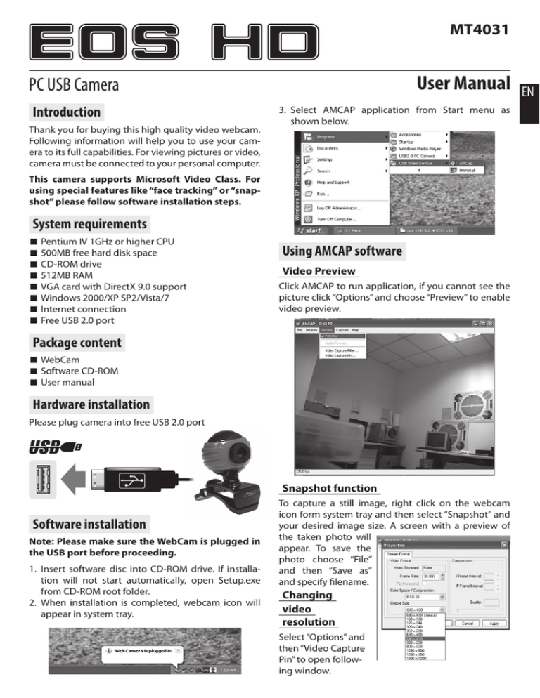 EOS HD User Manual PC USB Camera MT4031 EOS HD User Manual PC USB Camera MT4031