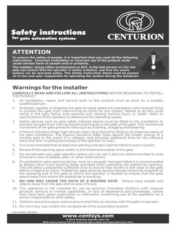 Safety Instructions for Gate Automation Systems Safety Instructions for Gate Automation Systems