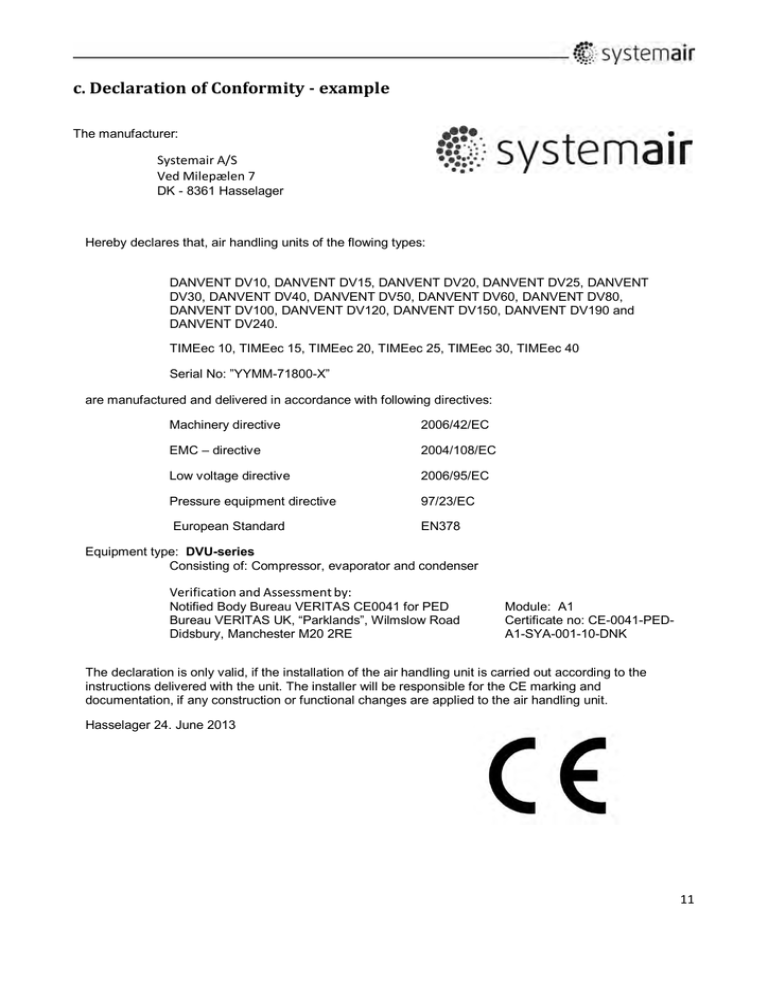 c. Declaration of Conformity ‐ example Systemair A/S c. Declaration of Conformity ‐ example Systemair A/S