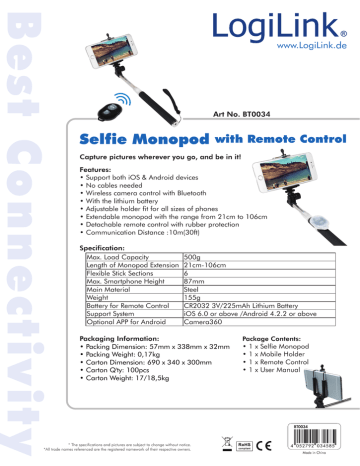 Best Connectivity Selfie Monopod with Remote Control de | Manualzz