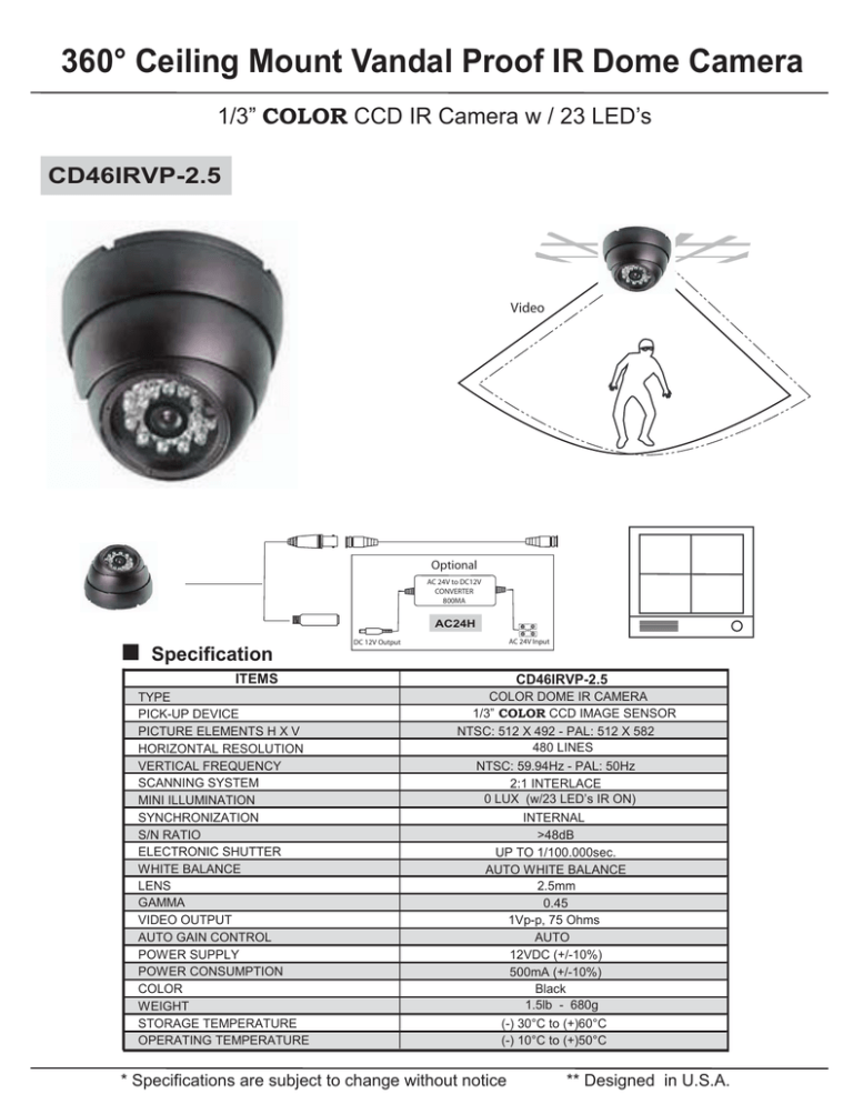 360° Ceiling Mount Vandal Proof IR Dome Camera COLOR CD46IRVP-2.5 1/3” 360° Ceiling Mount Vandal Proof IR Dome Camera COLOR CD46IRVP-2.5 1/3”