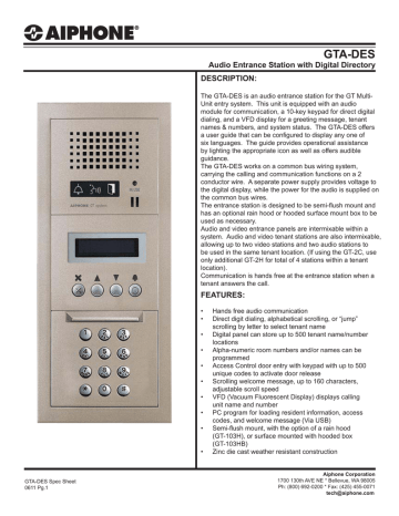 Aiphone GTA-DES Information Card | Manualzz