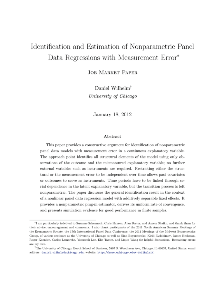 Identification and Estimation of Nonparametric Panel Data Regressions with Measurement Error ∗ Identification and Estimation of Nonparametric Panel Data Regressions with Measurement Error ∗