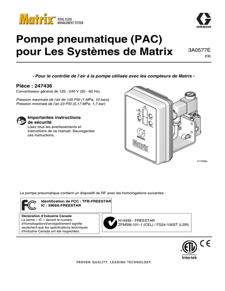 Pompe pneumatique (PAC) pour Les Systèmes de Matrix 3A0577E Pièce : 247436 Pompe pneumatique (PAC) pour Les Systèmes de Matrix 3A0577E Pièce : 247436