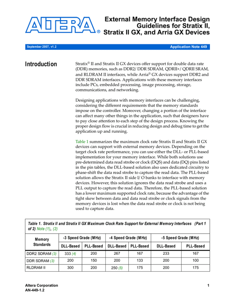 AN 449: External Memory Interface Design Guidelines for Stratix II, Stratix II GX, and Arria GX Devices AN 449: External Memory Interface Design Guidelines for Stratix II, Stratix II GX, and Arria GX Devices