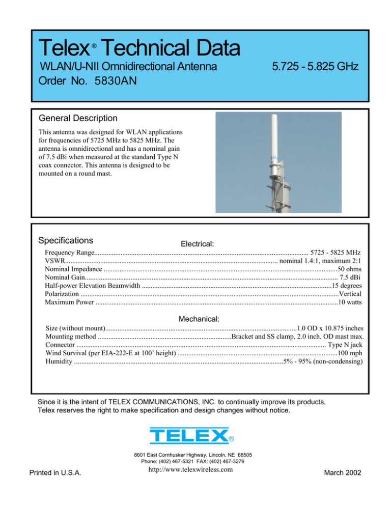 Telex 5830AN WLAN/U-NII Omnidirectional Antenna Owner's manual Telex 5830AN WLAN/U-NII Omnidirectional Antenna Owner's manual