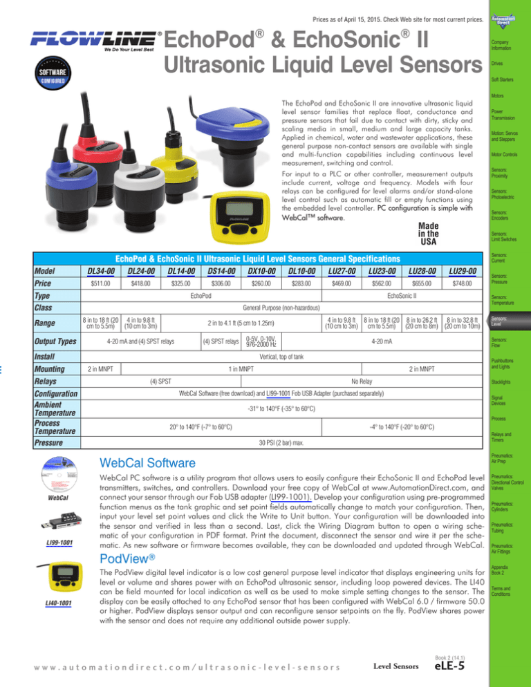 Flowline LU Ultrasonic Liquid Level Sensors Technical Specs Flowline LU Ultrasonic Liquid Level Sensors Technical Specs