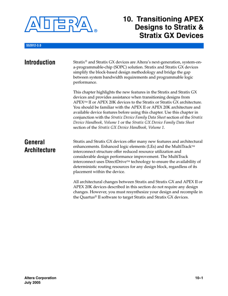 将 APEX 设计转换到 Stratix Stratix GX 器件 将 APEX 设计转换到 Stratix Stratix GX 器件