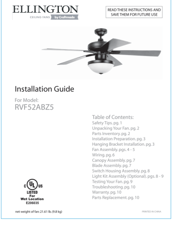 Installation Guide RVF52ABZ5 Table of Contents: For Model: | Manualzz