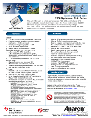datasheet for A2530R24AZ1 by Anaren datasheet for A2530R24AZ1 by Anaren