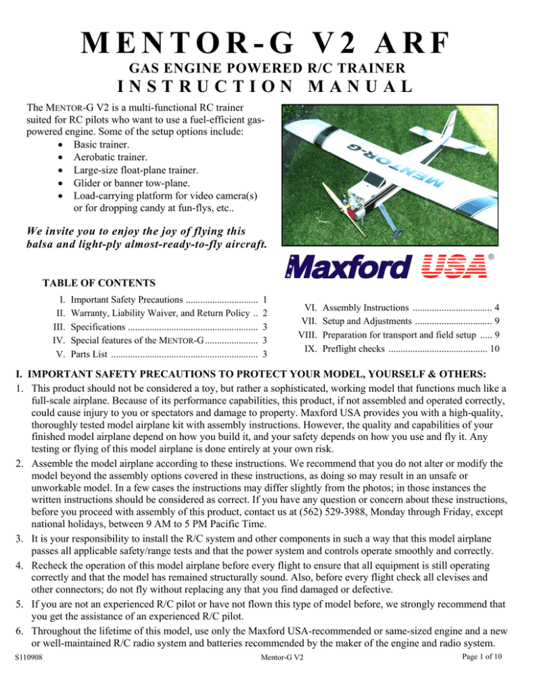 M E N T O R - G ... I N S T R U C T I O... GAS ENGINE POWERED R/C TRAINER M E N T O R - G ... I N S T R U C T I O... GAS ENGINE POWERED R/C TRAINER