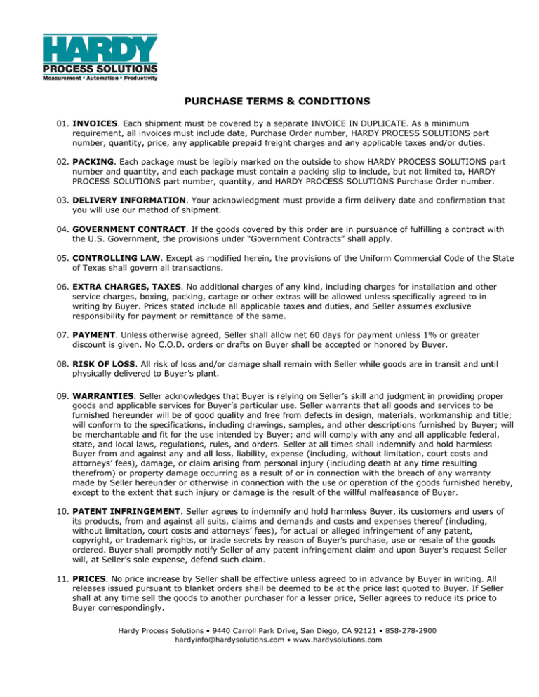 Hardy Purchase Terms and Conditions Hardy Purchase Terms and Conditions